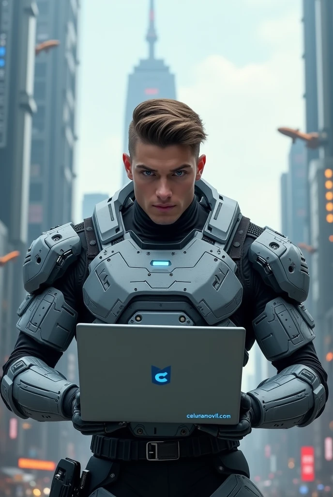 Young man with brown hair, blue eyes, about 100 kilos, wearing gray armor and with a laptop that says celumarmovil.com, in the background a futuristic city