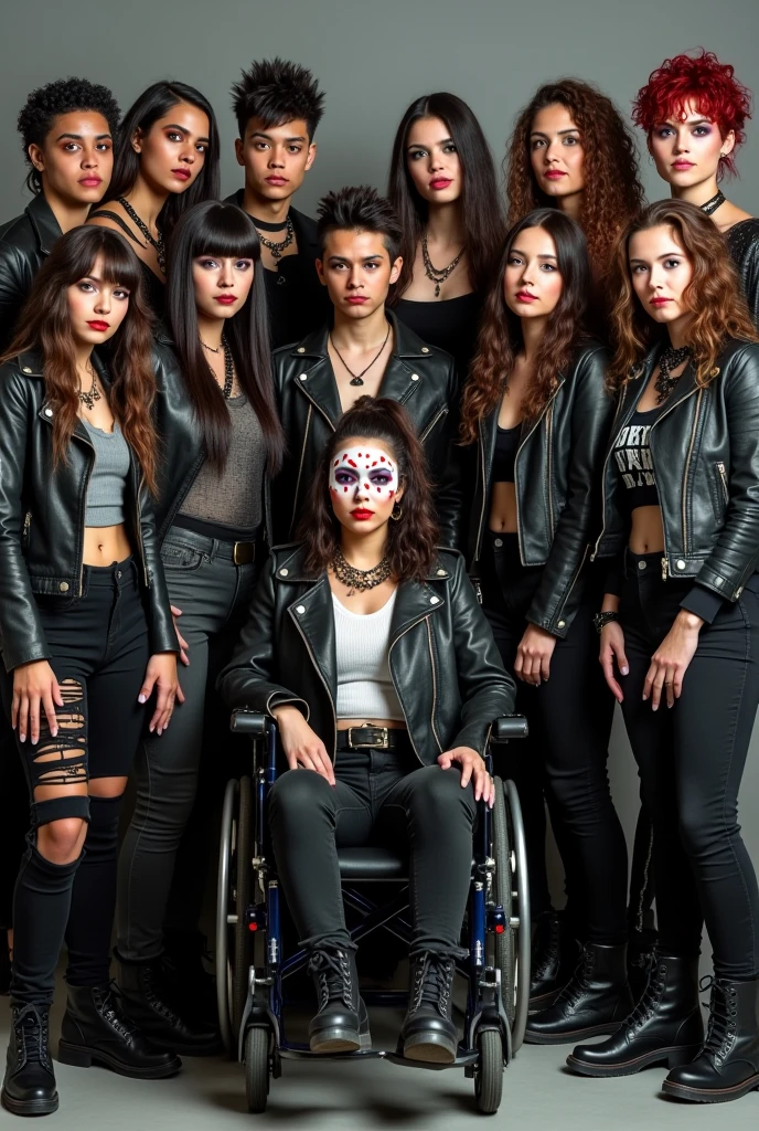 a group of 19 people with different ethnicities, heights, being between 18 and 2, one of them being a woman in a wheelchair.  The drawing should show them all wearing punk and grunge style clothes.. with makeup on the eyes and face. one of them must have his face painted white with red stripes. In the drawing, everyone must appear posing as if they were models.