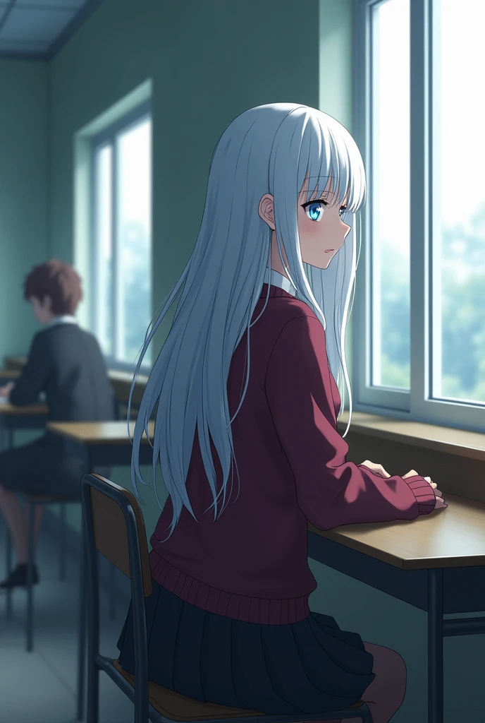in a class room,There are two people sitting,one in one corner and the other in another,One is a teenage girl, light blue eyes,long white hair,burgundy sweater,black skirt,sitting alone at the desk in the corner of a classroom and looking out the window with a bored face, anime/manga