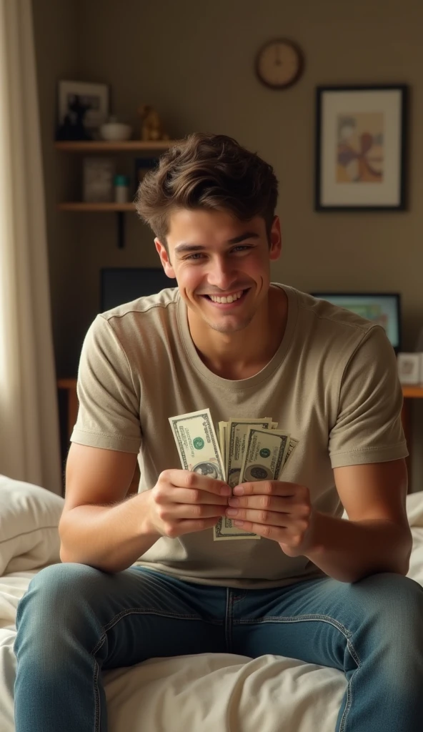 Young man in his room smiling while counting money
(Realistic style with dimensions for a YouTube video )