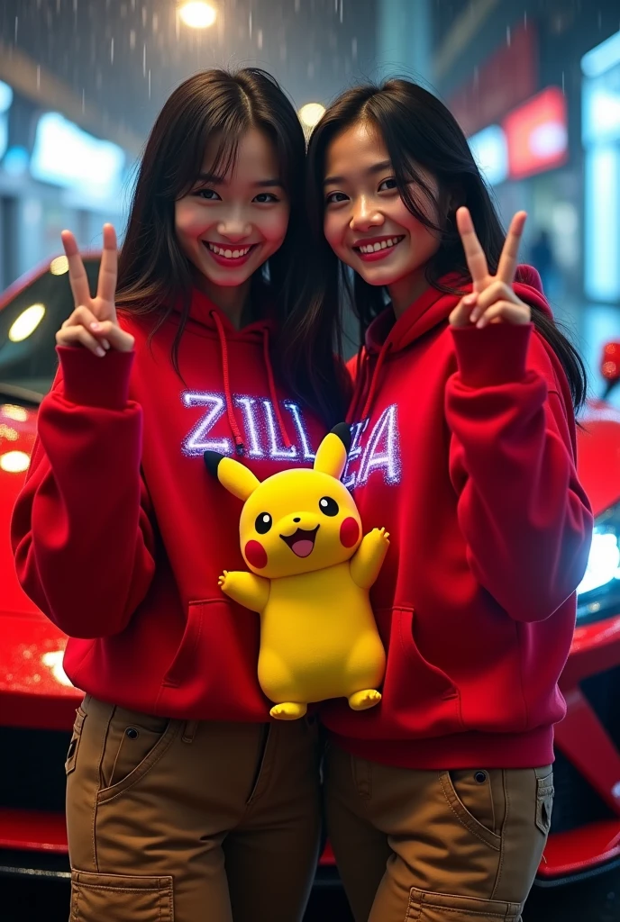 real full body photography image of beautiful Thai 2 girl,smiling wearing red hoodie with brown cargo pants and white rubber shoes,her fingers singn of peace, the hoodie has own names written" Zilla " made of cristal neon black and light is written in the jackets, she has hugging Pikachu, standing out on the red luxury car with raining 300dpi, 100fps, UHD, HDR, high real image 64k hd