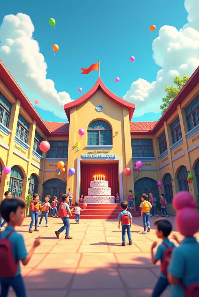3D illustration like a painting depicting the atmosphere of the anniversary celebration of SMA Negeri 1. In the picture, looks like a school building with a distinctive architecture, decorated with colorful balloons and banners that read "Happy Birthday SMA Negeri 1". In the school yard, there are students who are celebrating, some of them play music and dance. In the middle of the page, there is a stage with festive decorations, and a big birthday cake with lit candles. The sky is clear with white clouds, giving the impression of a warm and enthusiastic atmosphere.