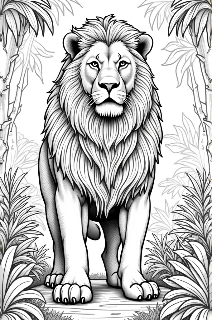 A black and white coloring book page of a lion in the jungle showing off his mane