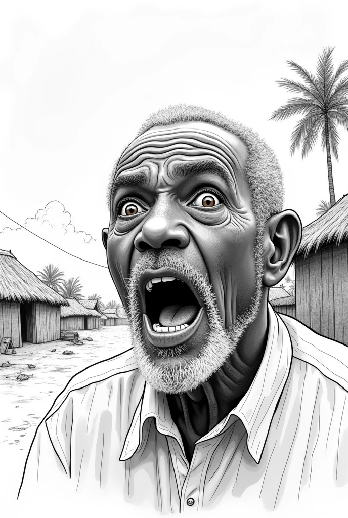 Draw a close up shot of a very simple black and white hand drawing storyboard of an old man looking very shocked in a Nigerian village setting