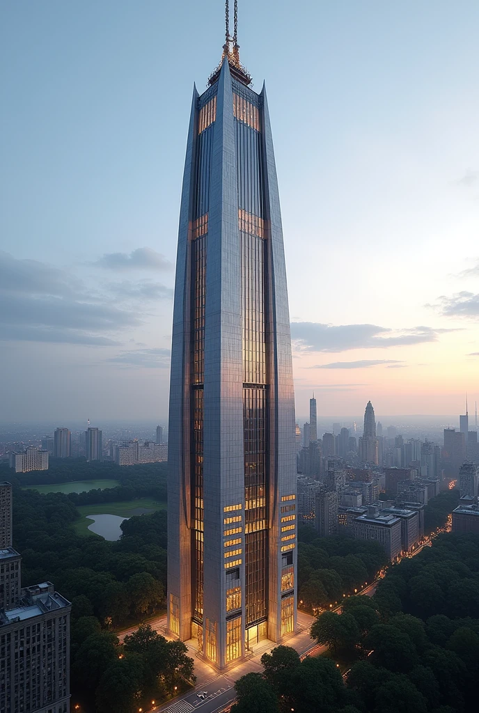 Make a 130 story skyscraper in NYC that is made out of stone and has huge windows that has long tiles that light up at night. Make it thinner and make the top into a pyramid like shape(only the top though). Make it more thinner and make sure the antenna at the top is a different shape and color. Make it in a corner and do NOT make it look like the Empire State Building. Give a unique shape that the top looks like a pyramid. Make it face Central Park
