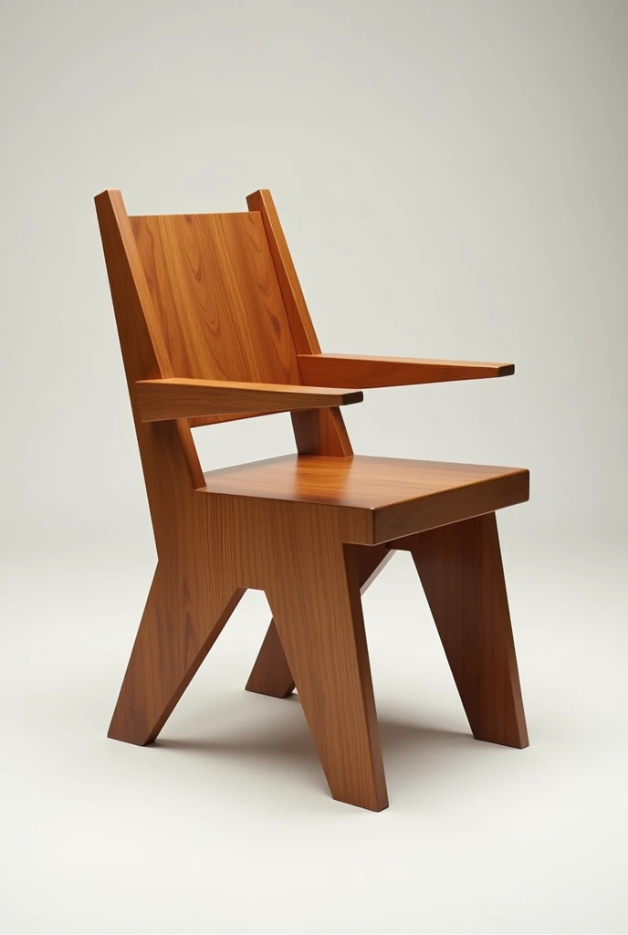 The chair will be made of brown pine wood., ideal for interiors, with a comfortable and ergonomic design. The rear legs will have a greater angle for more stability., and the front ones will maintain a lower inclination. The backrest will be high for better back support., This chair will have armrests. The structure will be reinforced to support weight, and its height will be suitable for raised tables. This chair has to look innovative, it is made from rectangular assemblies.