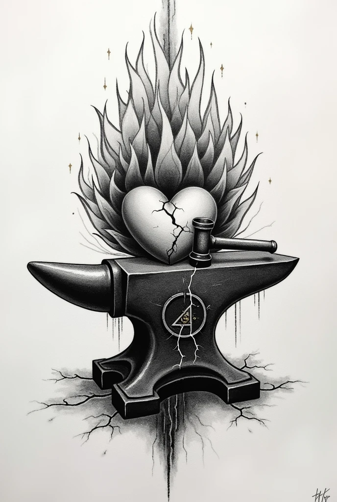 Create a micro realistic black and white pointillism tattoo of an antique anvil in the center of the design, but instead of metal being forged, A heart in the process of transformation is seen. The anvil, symbol of resistance and creation, is surrounded by abstract flames representing the trials and tribulations. around the heart, Cracks form that, instead of weakening it, they reinforce it, showing how suffering has tempered Bjorn's spirit.
On the anvil, There is a hammer in the rest position, implying that the forging has been arduous but fruitful. The scars on the heart are highlighted by gold or silver lines., Inspired by the Japanese technique of "Kintsugi", that embellishes the cracks in the ceramics with gold. This symbolizes greatness achieved through suffering and endurance..