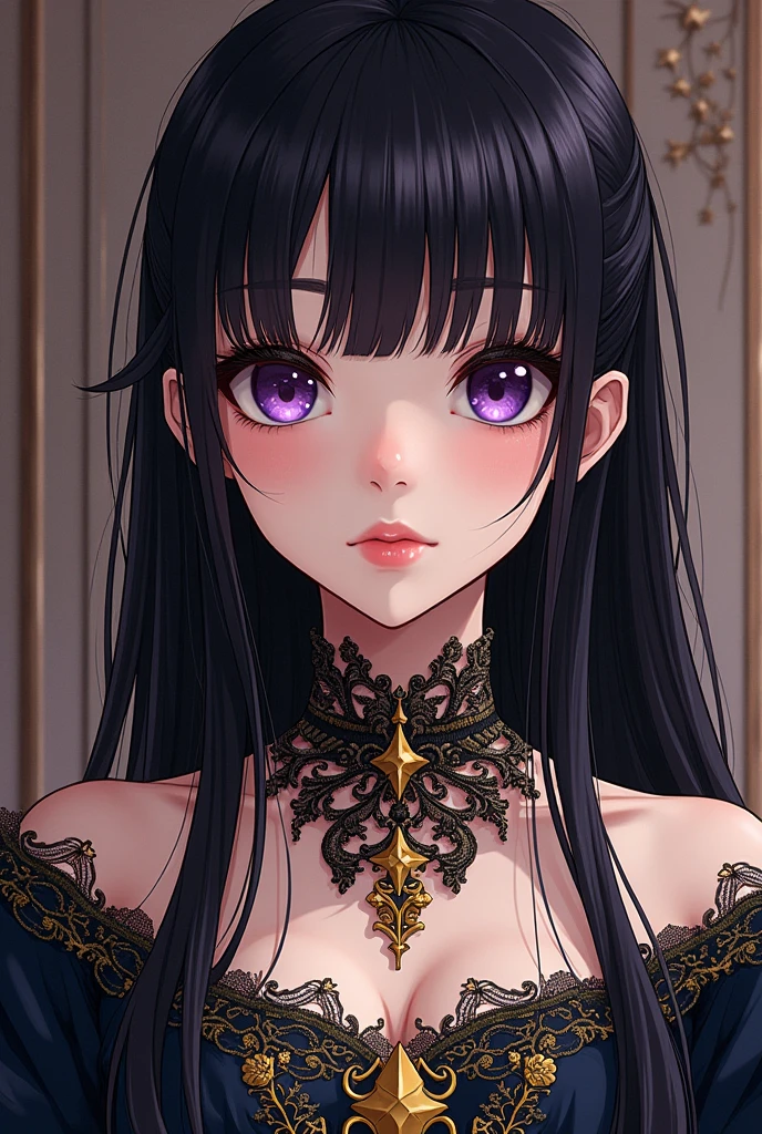 The image would be a manga style illustration of a young girl with long, straight hair., dark eyes and a delicate face, wearing an elegant Renaissance dress with intricate details, similar to those seen in the series "Black Butler". The young woman's eyes would be a deep violet, with realistic and expressive details. The dress would be a dark color, like navy blue or burgundy red, with gold decorations and lace, reflecting the opulence and luxury of the Victorian era, which is a distinctive feature of the series that it is sensual