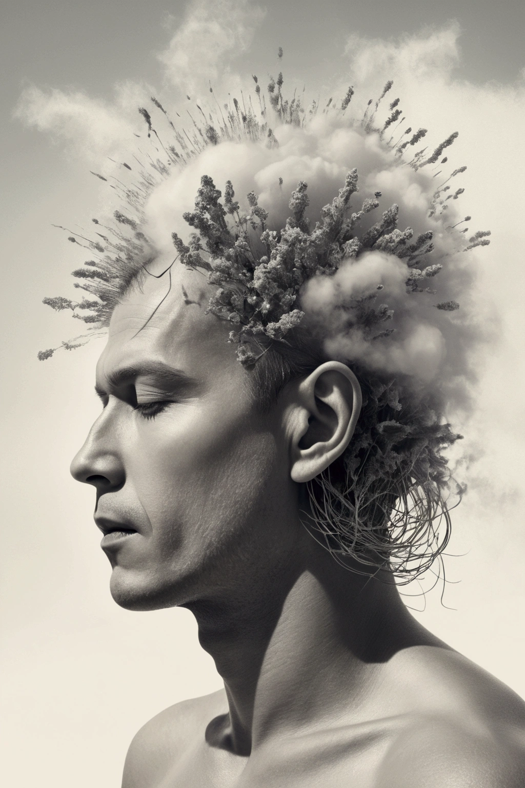 surreal composition,A person'the head becomes a complex signal receiver,White mist hovering around the head,Retro photo album cover,Realistic minimalist style