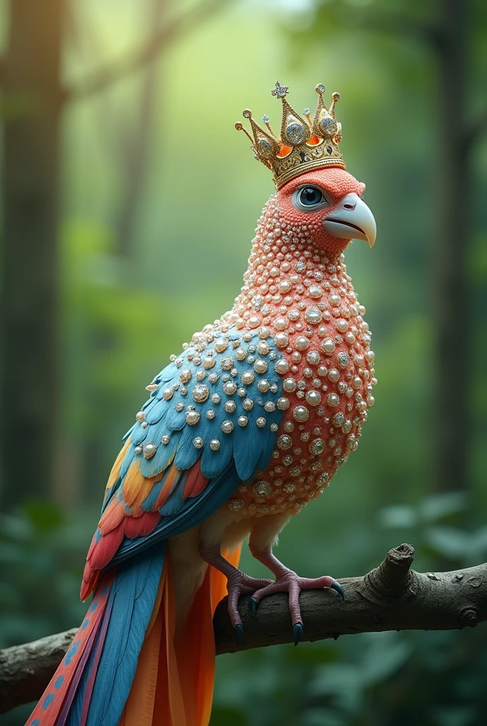 A very beautiful colourful 4K bird which is chirping and speaking, its feathers are studded with diamonds and pearls. On its head is a crown of gold, silver and diamonds and pearls, a very long tail adorned with colorful spots, perched on a branch with a blurred green forest background, romantic