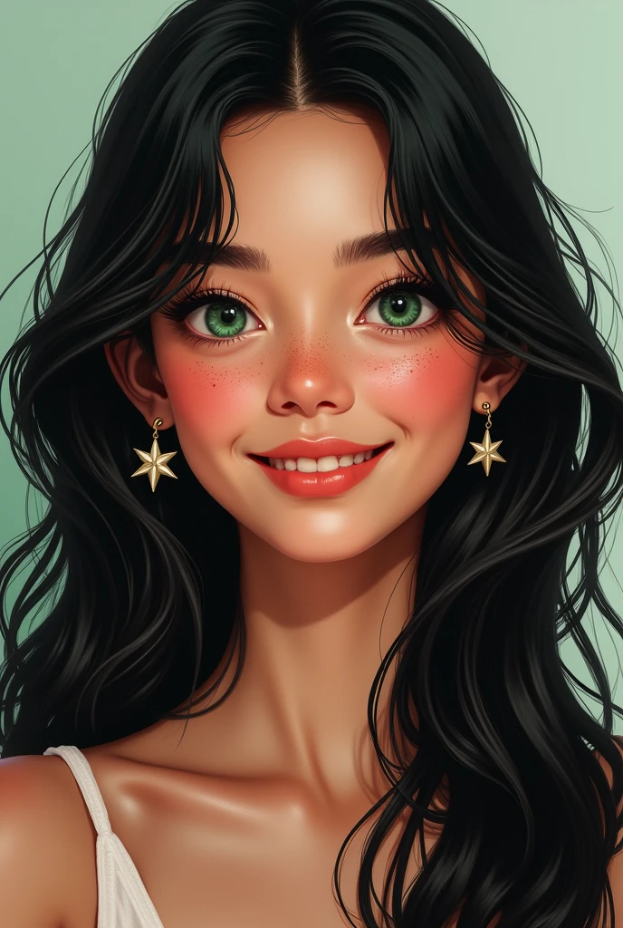 generate a portrait of a young woman, long black hair with green eyes, with freckles on his face. with a friendly smile, with eyebrow piercing and star earring