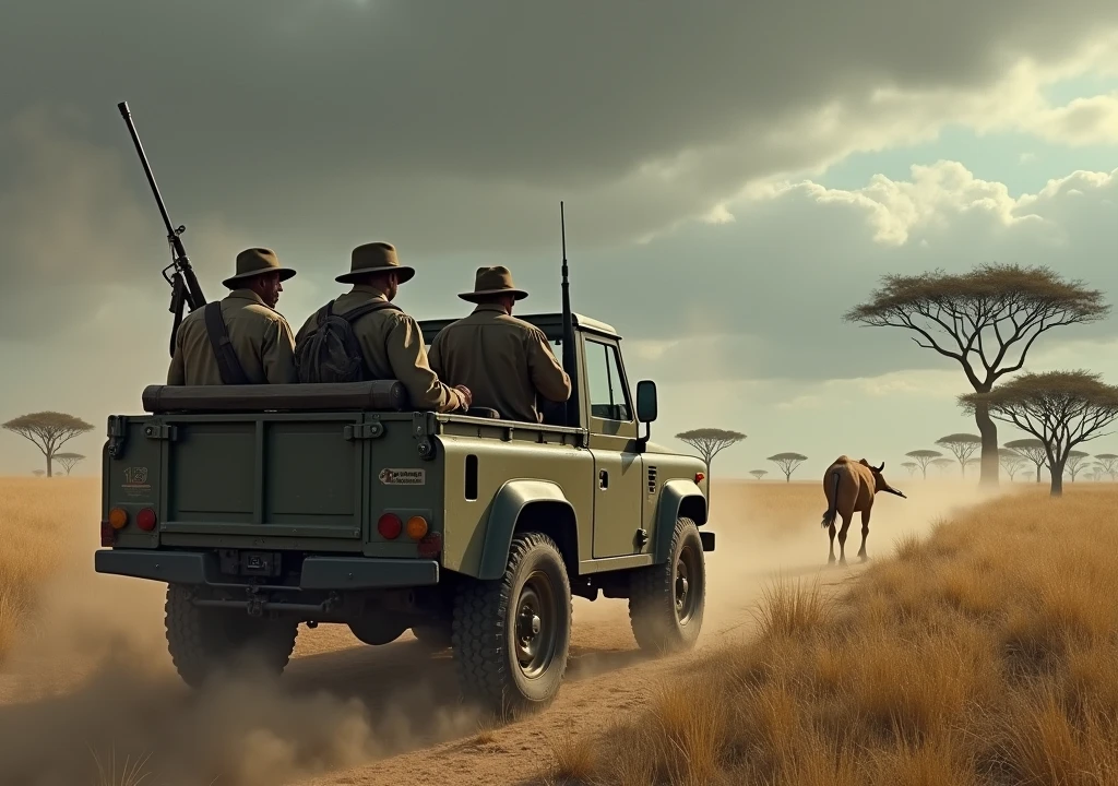 A group of hunters in a jeep crossing the savannah in Africa .grimdark. fear.