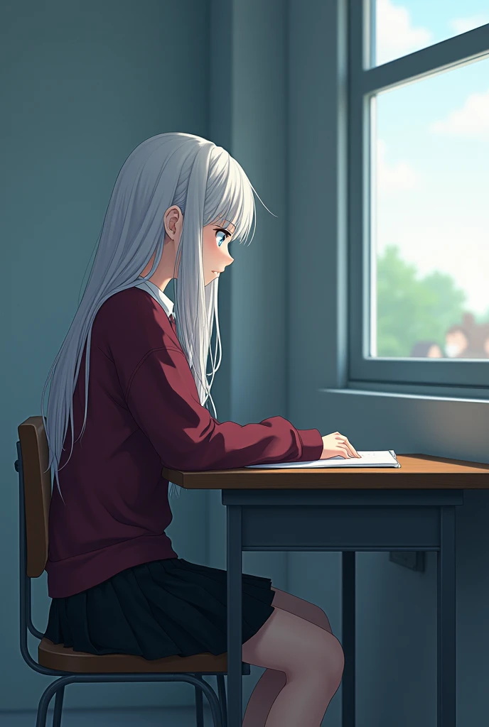 in a class room,There are two people sitting,one in one corner and the other in another,One is a age girl, light blue eyes,long white hair,burgundy sweater,black skirt,sitting alone at the desk in the corner of a classroom and looking out the window with a bored face, anime/manga