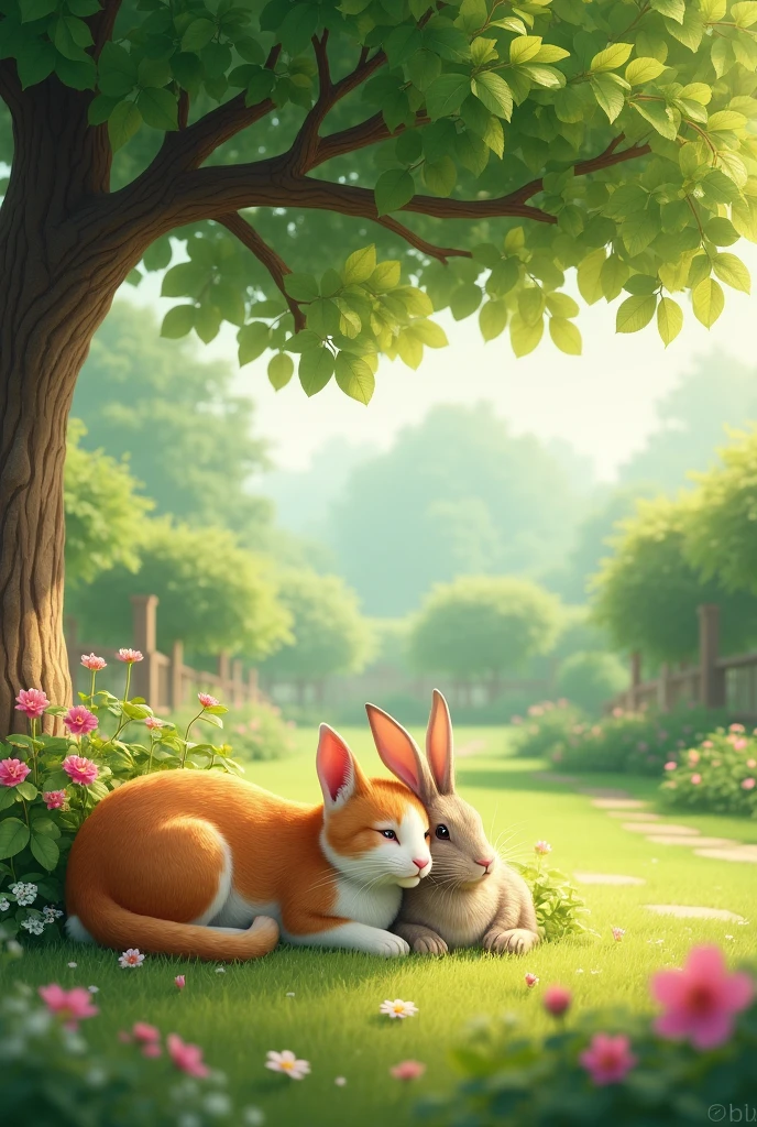  In a beautiful garden there lived a cat and a rabbit. They were relaxing under a tree.