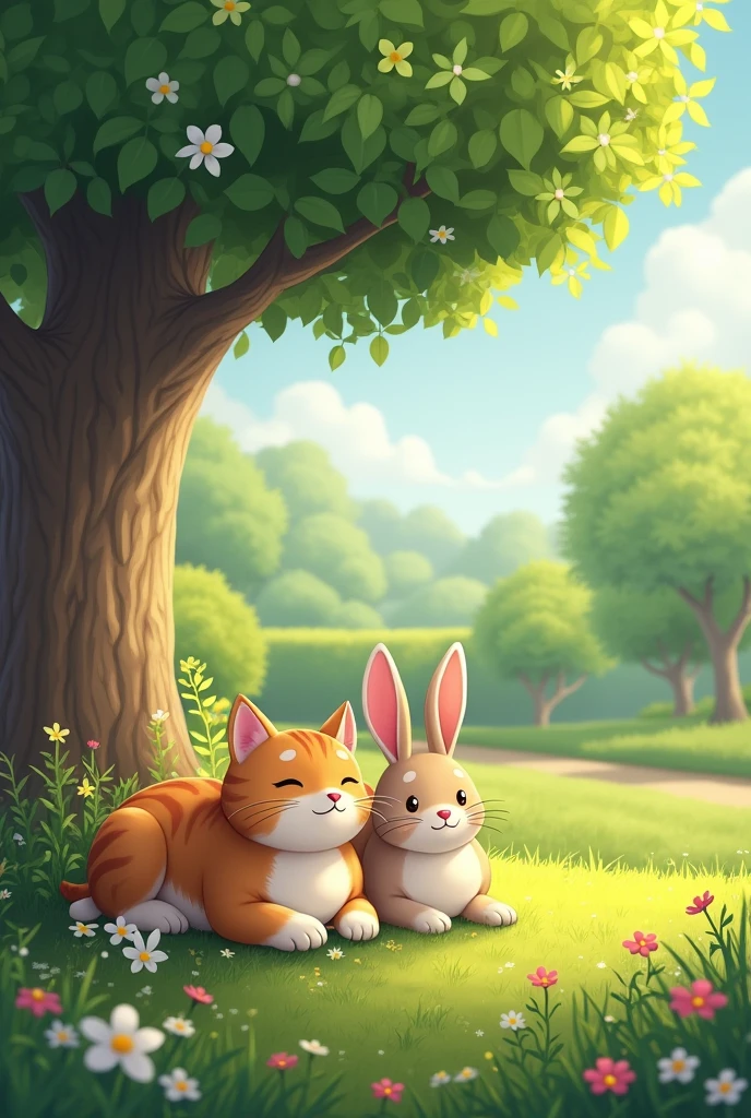  In a beautiful garden there lived a cat and a rabbit. They were relaxing under a tree.