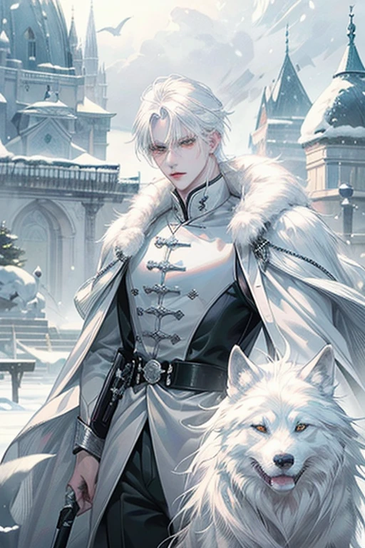 A man with white hair and a white dog in a snowy area, zorro de by white, by Yang J, by white, by white deity, with long white hair, de by white, with long white hair, a white wolf, white fox anime, by the whites, Handsome boy in Demon Slayer art, god of winter, wlop and sakimichan