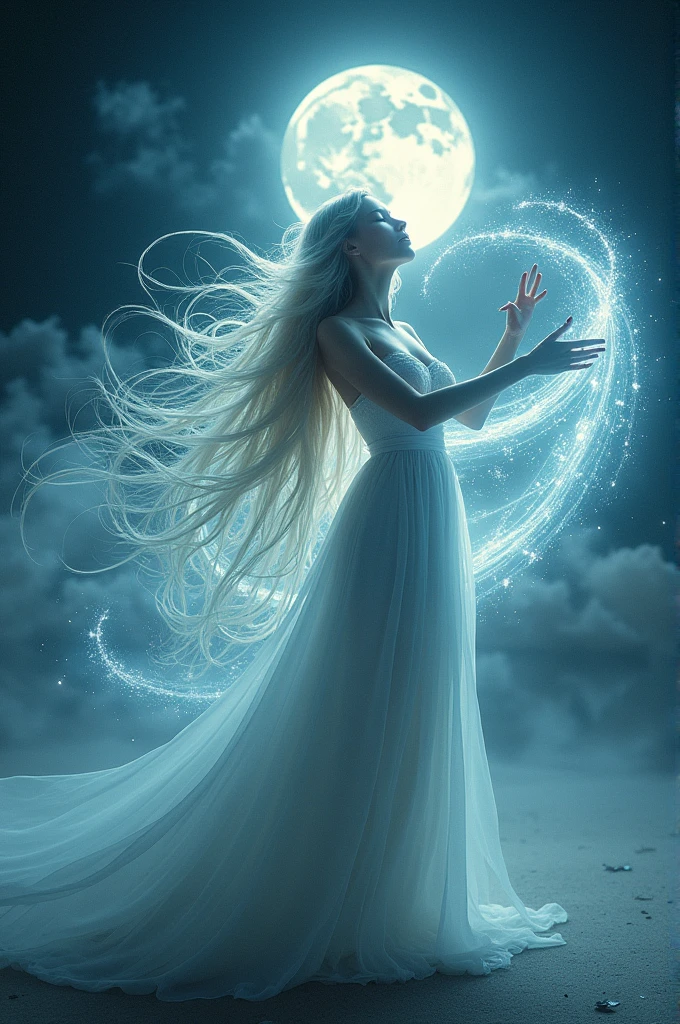 Flying hair woman pissing hair music, with the transparent aura, under the full moon