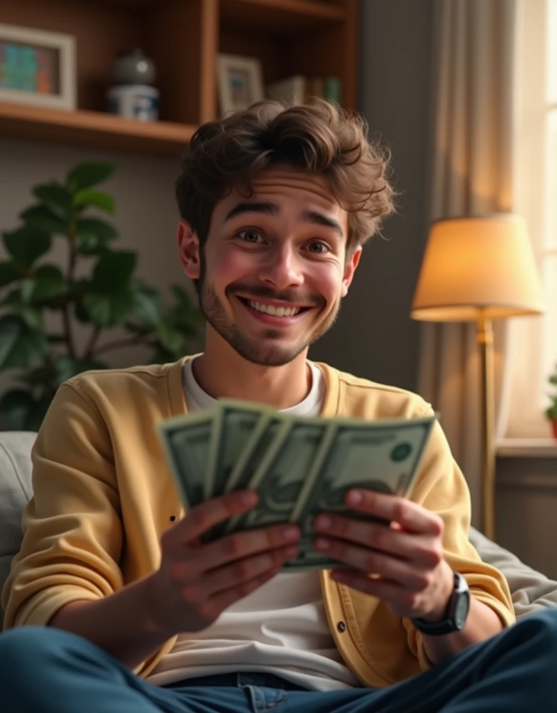 Young man in his room smiling while counting money
(Realistic style with dimensions for a YouTube video )