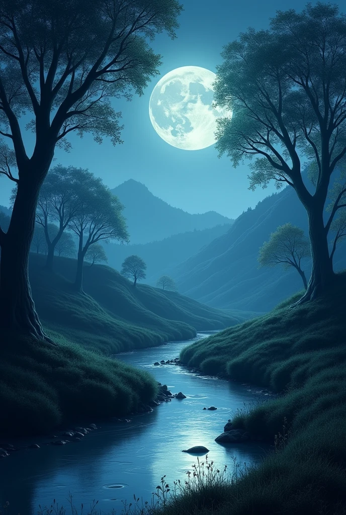 Mysterious image of a countryside night full moon stream
Light and shadow