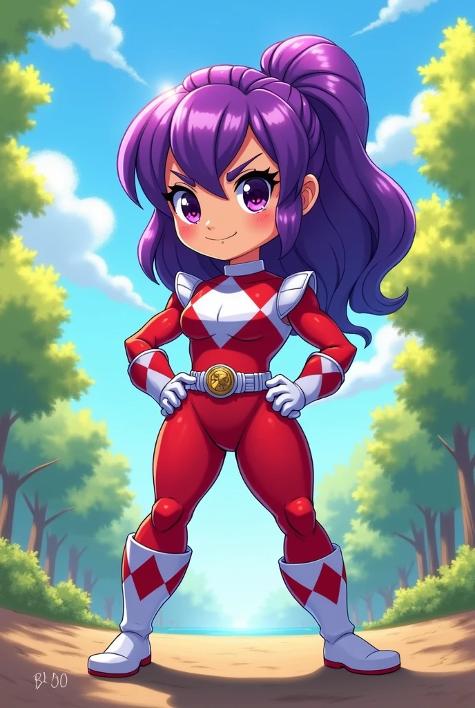 Create an image of a purple haired power ranger clothes, chibi muscle girl, sunny day, thicc, muscle legs,