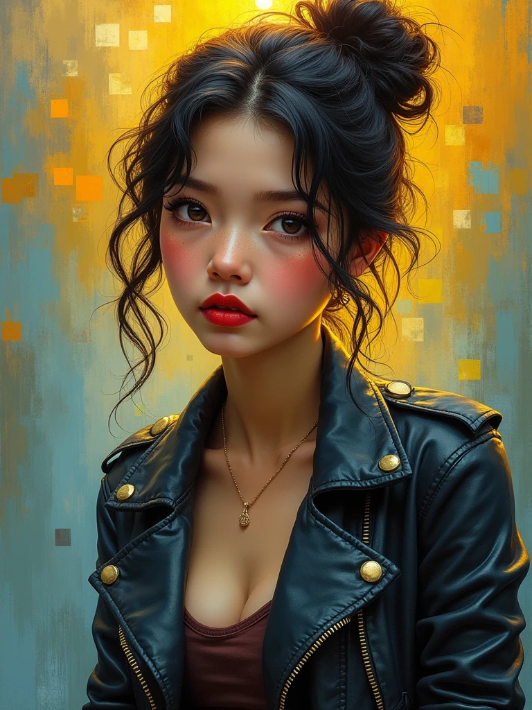 A mesmerizing portrait of a woman lost in thought, dressed in a worn leather jacket with a bold red lipstick. Her hair is styled in a messy updo, suggesting a sense of adventure. The background is an abstract explosion of secondary colors, with warm tones like yellow and orange contrasted by cool blue hues. The overall atmosphere is full of energy and intrigue.
