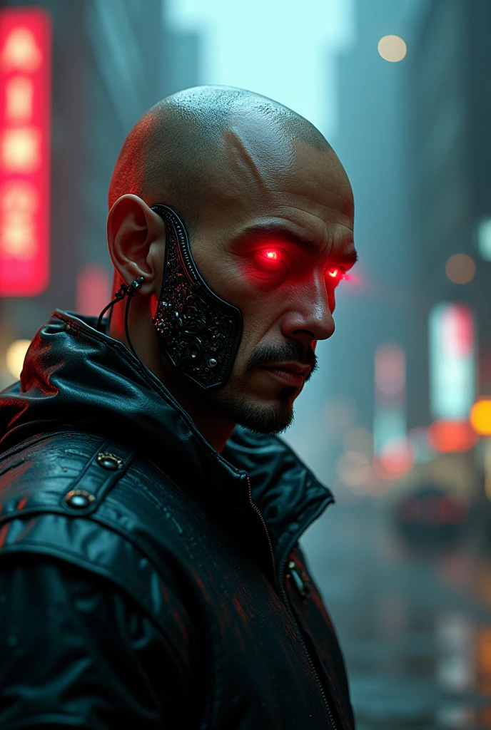 a bald latino man, cyborg, red cyberwar eyes, cyberpunk, detailed face, detailed skin, sharp features, scifi, intricate details, cinematic lighting, moody lighting, dramatic lighting, dark shadows, neon lights, gritty, moody, high contrast, best quality, 8k, hyper detailed, photorealistic, masterpiece