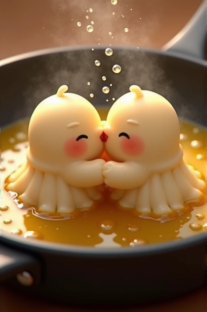 Two dumplings kissing in a pan of oil 