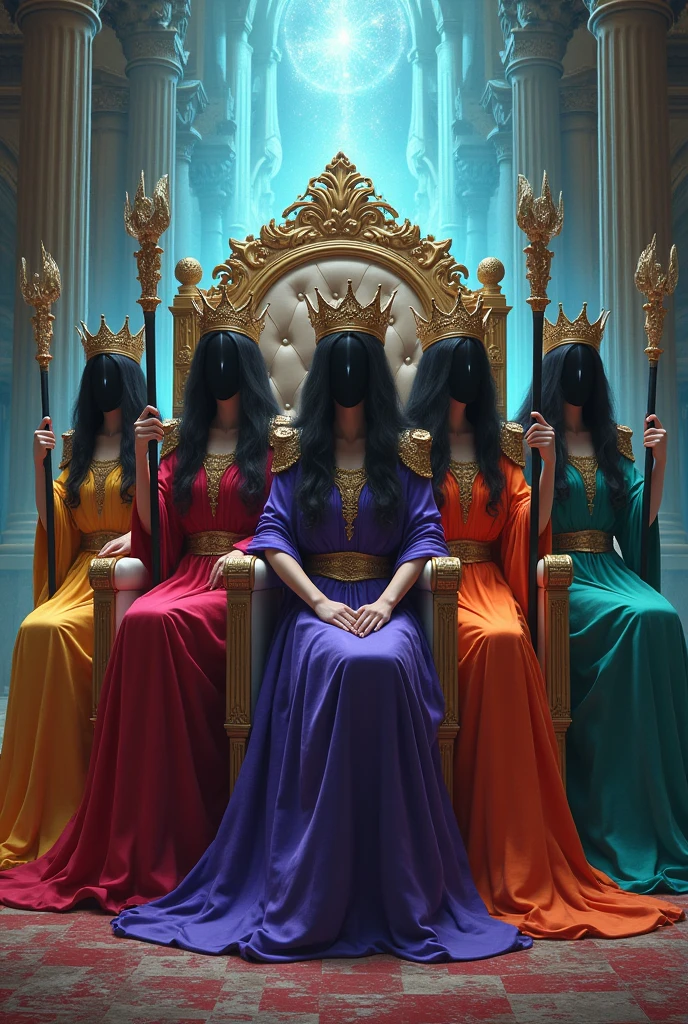 5 women dressed as witches, with a long tunic of different colors, with a setro in their hand, with their crown on their head, perched on a beautiful throne, behind her there is an open portal to another dimension.