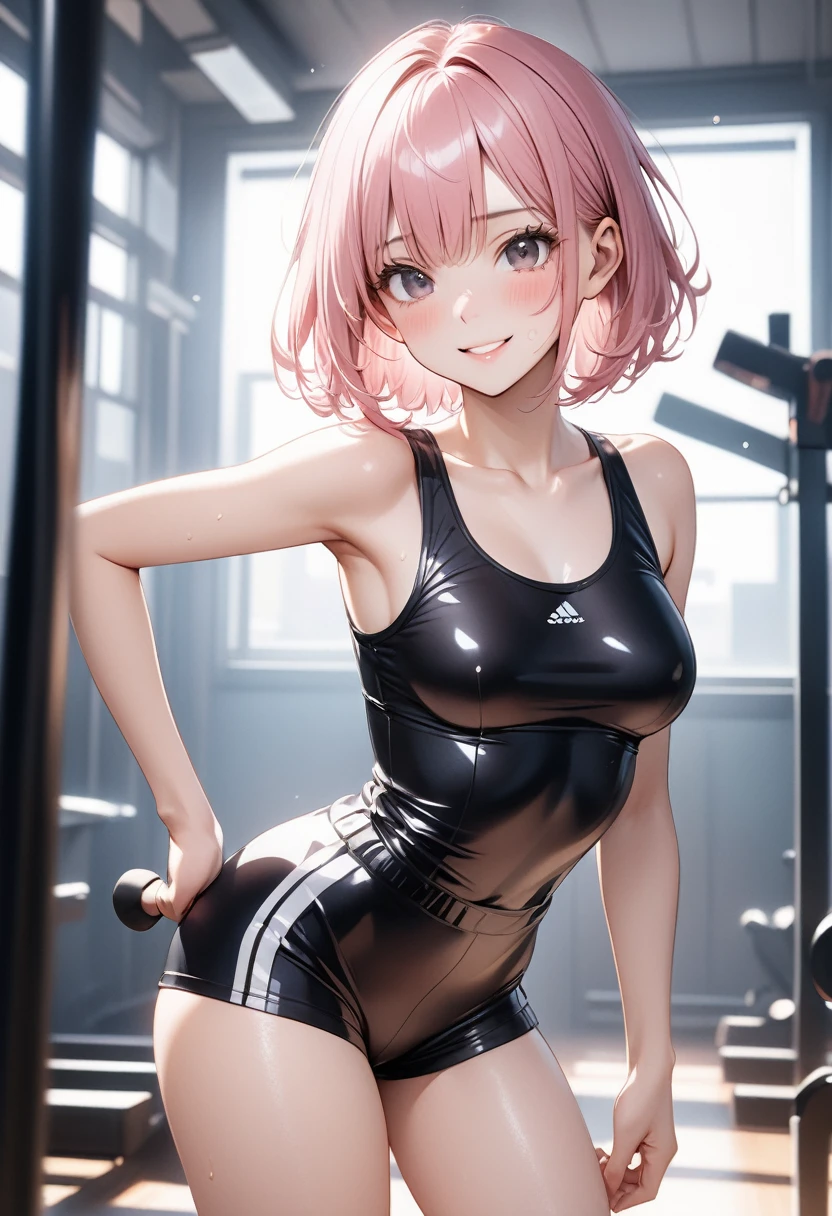 ((School gym clothes)), Shiny Costumes, (skindentation), skinny, alone, solo, Masterpiece, highest quality, highest quality, 16K, incredibly absurd, highly detailed, 2.5D, ai-generated, delicate and dynamic, very delicate facial expressions, delicate eye depiction, erotic, only sexy woman, ((A cute and kind face)), healthy figure, ((1 woman)), 160cm tall, ((medium firm swaying bust)), medium breasts, (short hair), Straight Hair, (pink hair:1.5), bob cut, black eye, blush, Sweat,Embarrassed,sexy, ((thin thighs)), shiny and lustrous, facing straight at viewer, smile, ((standing)), ((arm at side)),, (camel toe:0.4), (visible nipples:0.8), (Erect nipples,:0.9),
