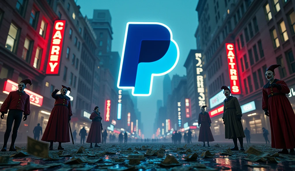 PayPal 3D logo in a devastated city at night with mafia clowns, money flying, corruption