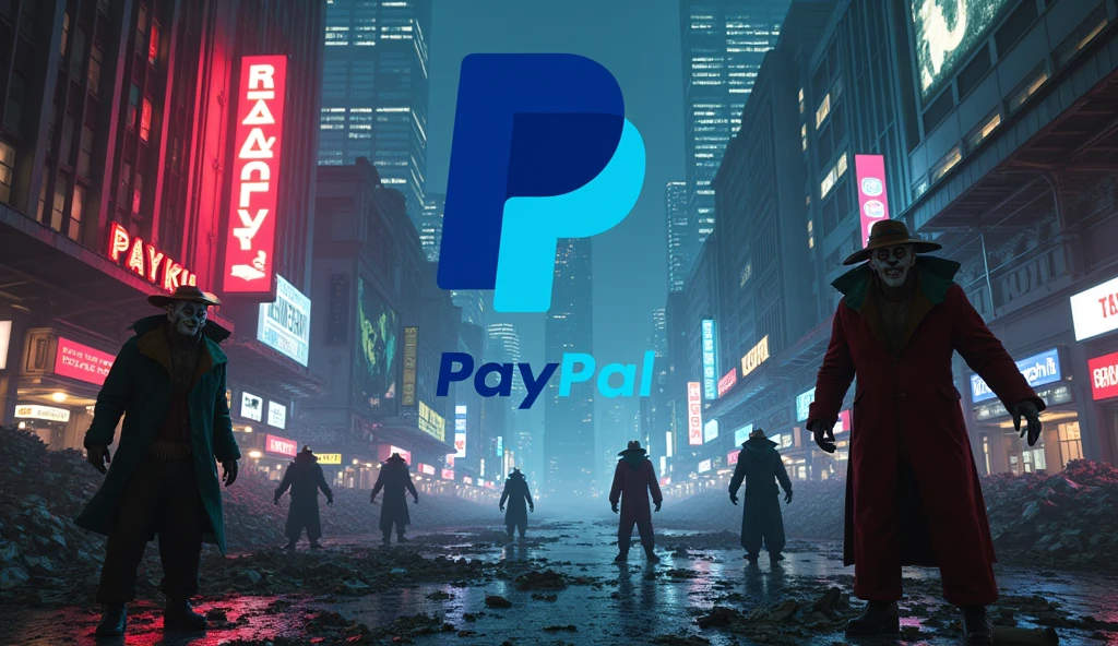 PayPal 3D logo in a devastated city at night with mafia clowns, money flying, corruption