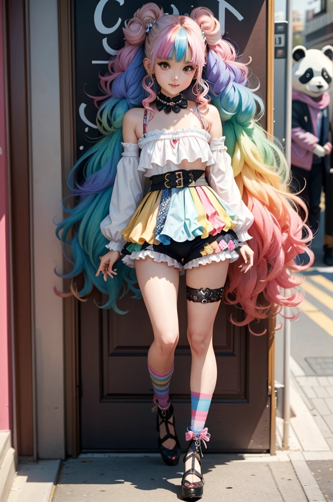 (masterpiece), best quality, perfect face, 8k, panda girl, joyful laugh, ((rainbow hair)), (curly hair), (human face), [small breasts], waist:1.3, long legs, black ears, full body,
BREAK, 
((Layers of colorful accessories)), pastel-colored designer heels, (mismatched thigh-highs), (oversized bows), (statement decora fashion), (((plethora of kawaii accessories))), the character starring in a Harajuku-themed fashion editorial for a renowned magazine, BREAK, (((photoshoot takes place against iconic Harajuku backdrops))), capturing the essence of the district's diverse fashion culture, 