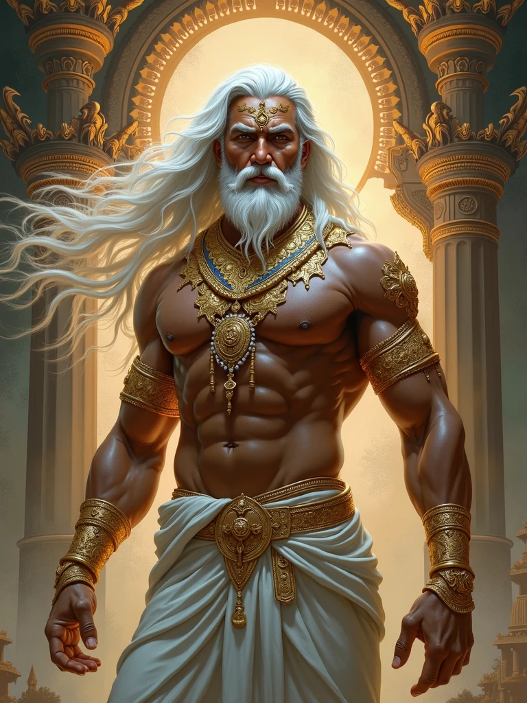 Indian god, white hair, gorgeous, amazing, muscular, intricate, highly detailed, digital painting, artstation, concept art, sharp focus, illustration, art by greg rutkowski and alphonse mucha