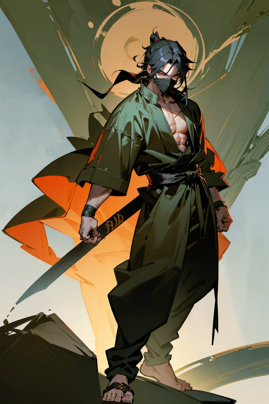 Masterpiece Quality, Perfect Generation, Sclera, Detailed Eyes, Skin, , , Ninja Clothing, Random Expression, , Forest Lair Background, Full Body, Clothed, Hair Tie, Mad, Standing, strong, , eyes, , masculine, Male, , standing, Ninja, Muscular, Mask,