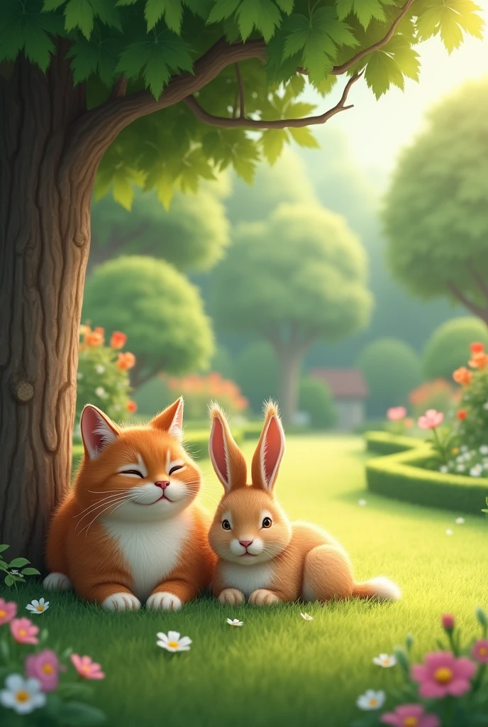In a beautiful garden there lived a cat and a rabbit. They were relaxing under a tree.
