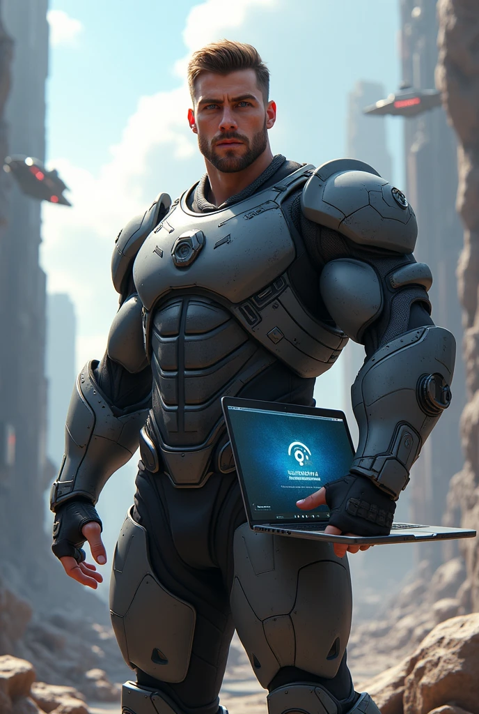 
Young man with brown hair, blue eyes, 95 kilos fat, wearing gray armor and with a laptop that says celumarmovil.com, in the background a futuristic city