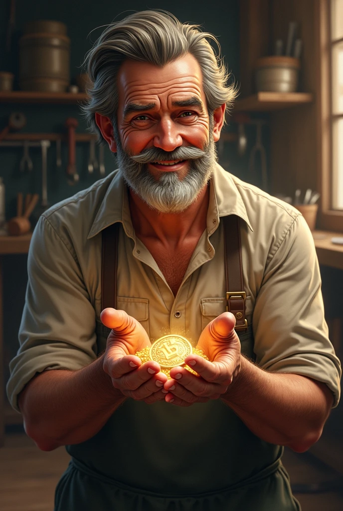 "A realistic and detailed illustration showing a hardworking person holding a shiny coin or bill. Hands should look strong and calloused, reflecting years of hard work. The background should suggest a workshop or tools, highlighting the work environment. The main focus should be on the person appreciating the money earned through hard work., with warm lighting that conveys satisfaction and pride."