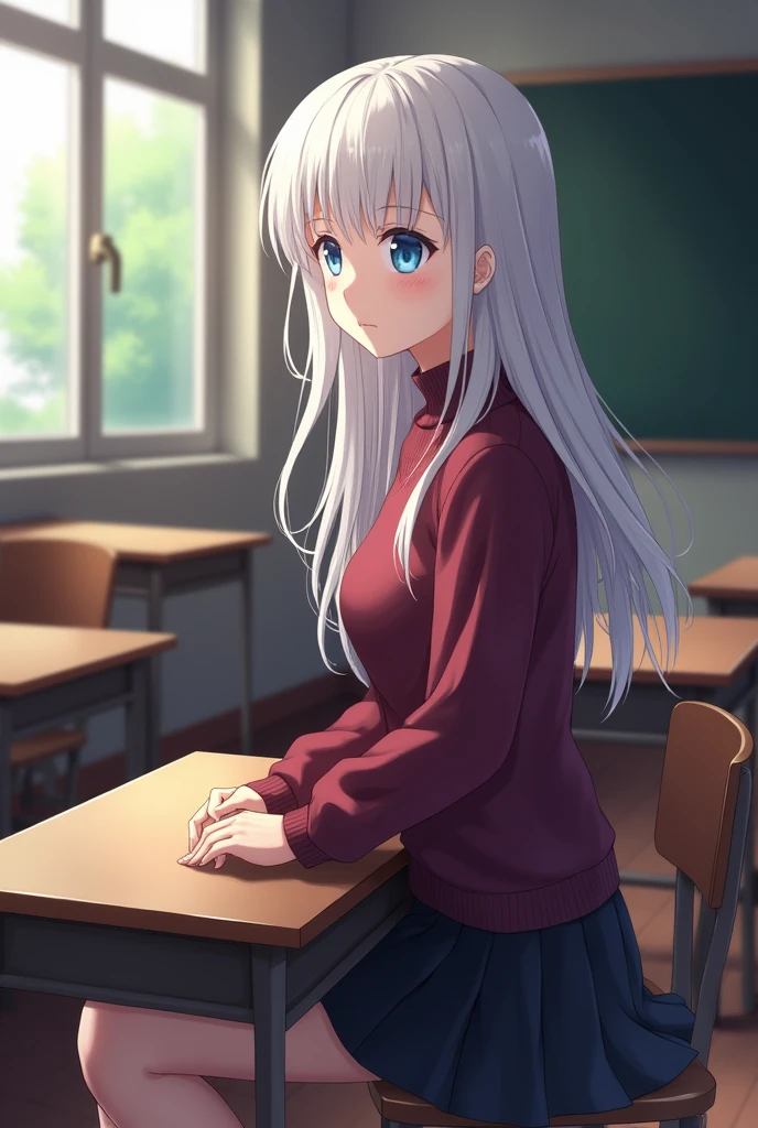  a  girl, light blue eyes,long white hair,burgundy sweater,black skirt,sitting alone at the desk in the corner of a classroom and looking out the window with a bored face, anime/manga