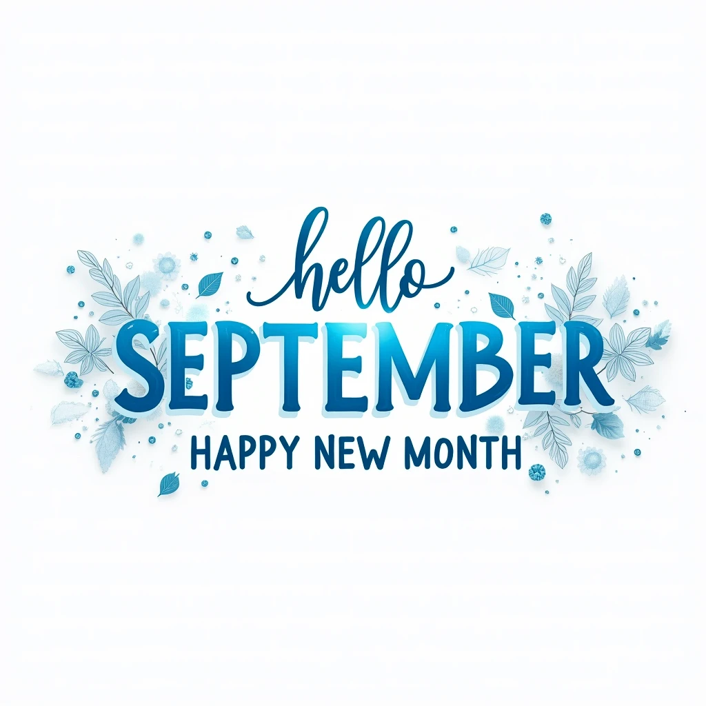 design of a happy New month, hyper realistic design, use blue and white for both fonts and background, add relevant interesting images and icons, beautiful. write on it "hello September happy new month"