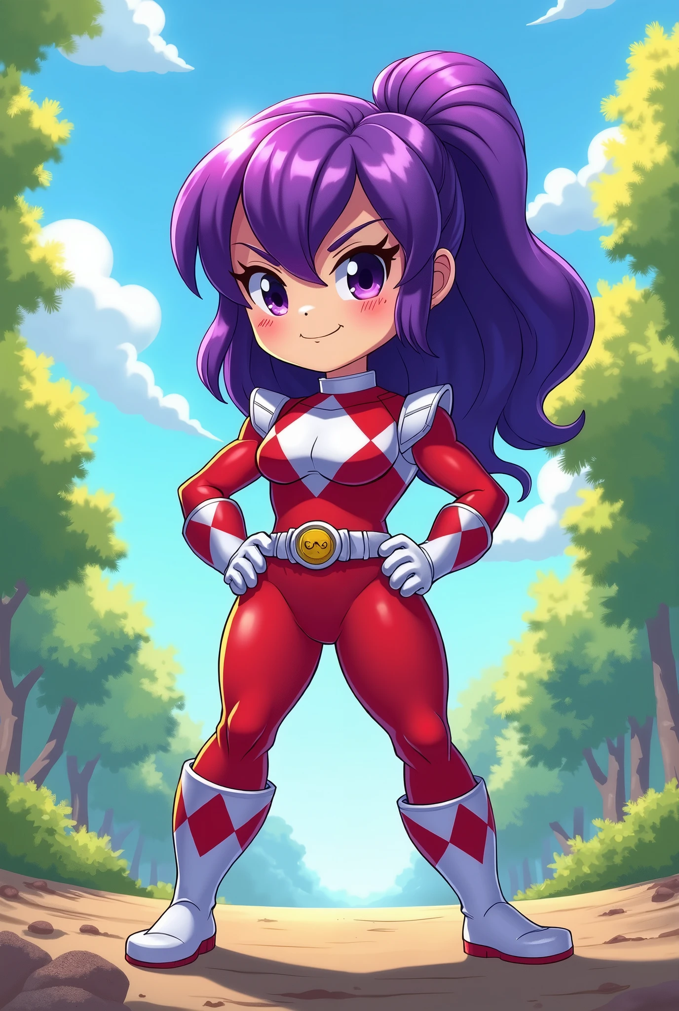 Create an image of a purple haired power ranger clothes, chibi muscle girl, sunny day, thicc, muscle legs,