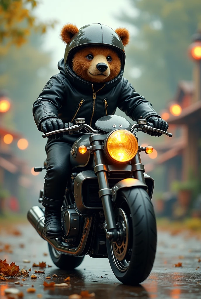 
              ( anatomically perfect) Cute detailed brown bear riding a high-tech motorcycle(Bright and clear), Sideways high-tech hat wearing black leather jacket and black leather jumpsuit, Long black leather gloves, Black boots,

                      forest town, (forest theme), (masterpiece, best quality, 8k, sharp focus, Writing Depth, The best shadow,

                                      Perfect light, high dynamic range, Realistic skin texture, Super detailed background), Wide-angle lens
