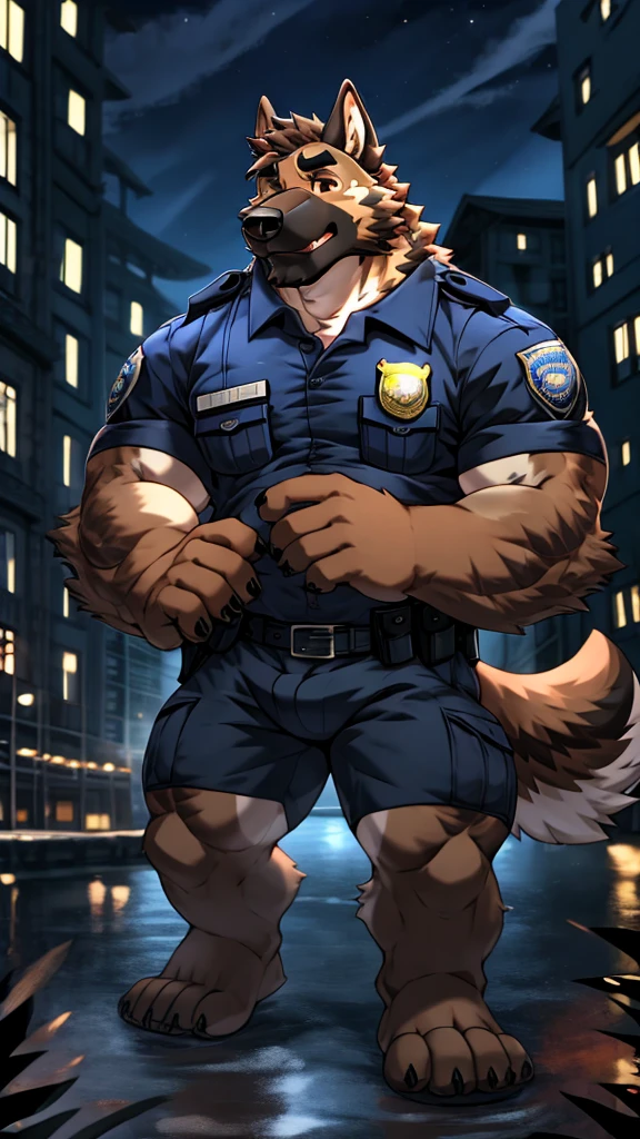 anime style, aid210, nj5furry, ((whole body)), ((police uniform)), standing, ((plump middle-aged german shepherd man)), BREAK ((brown eyes)), one eye closed, beautiful beard, beautiful ears, (male face:1.3), (big face:0.5), square jawline, (Male Eyes:1.2), (sharp eyes:0.8), (big eyes:0.5), male eyebrows, (innocent look:0.5), (beautiful black nails down to the last detail:1.2), BREAK (complete Anatomy), (detailed face:1.3), beautiful face, (detailed body), (beautiful hands:1.2), (detailed fingers:1.2), (detailed eyes:1.1), (beautiful Eyes:1.1), arm details, Leg Details, beautiful feet, BREAK Muscular anthlo, body hair, ((hairy skin)), fluffy, (blood vessel:-0.8), (glowing Skin:-0.7), (chest hair:0.5), (1 tail), (a beautiful and detailed small tail), BREAK night sky, city, outdoor, ultra detailed, highest quality, ultra-high resolution, realistic, 16K, masterpiece, beautiful detailed, perfect solution, absurdists, (faint light),