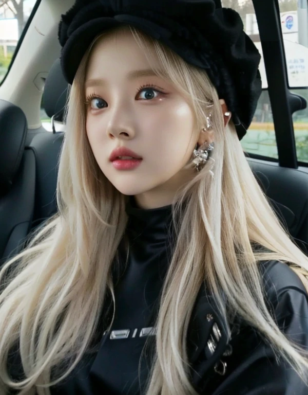 a close up of a person in a car with a hat and blue like eyes, roseanne park by blackpink, portrait of jossi de blackpink, jossi de blackpink, cruel korean gothic girl, Lalisa Manoban of Blackpink, Jaeyeon Nam, heonhwa choe, korean girl, Jinyoung Shin, korean idol woman portrait, Sun Yunjoo, with long white hair