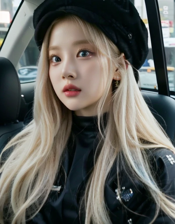 a close up of a person in a car with a hat and blue like eyes, roseanne park by blackpink, portrait of jossi de blackpink, jossi de blackpink, cruel korean gothic girl, Lalisa Manoban of Blackpink, Jaeyeon Nam, heonhwa choe, korean girl, Jinyoung Shin, korean idol woman portrait, Sun Yunjoo, with long white hair