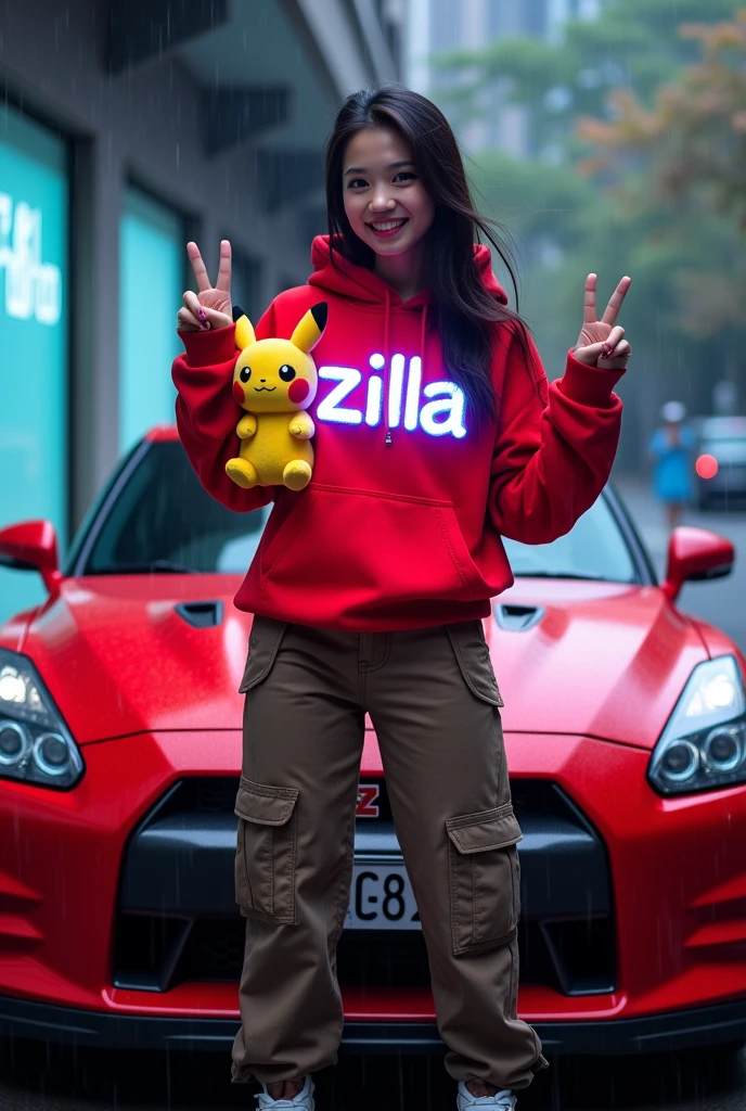 real full body photography image of beautiful Thai ,smiling wearing red hoodie with brown cargo pants and white rubber shoes,her fingers singn of peace, the hoodie has own names written" Zilla " made of cristal neon black and light is written in the jackets, she has hugging Pikachu, standing out on the red luxury car with raining 300dpi, 100fps, UHD, HDR, high real image 64k hd