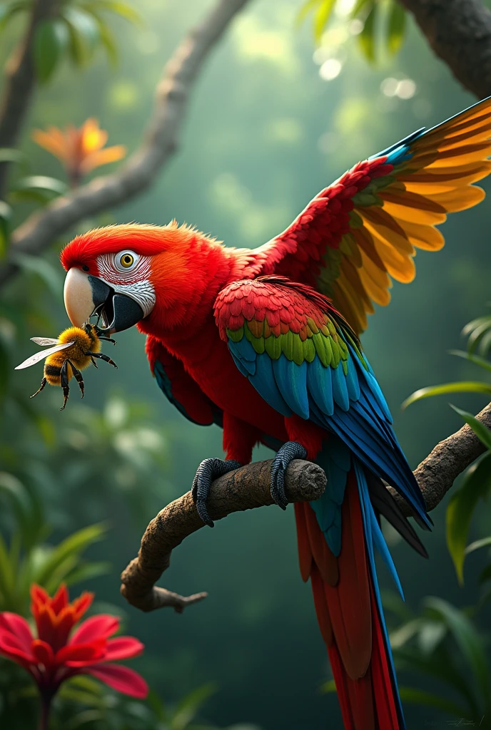 Macaw eating a bee