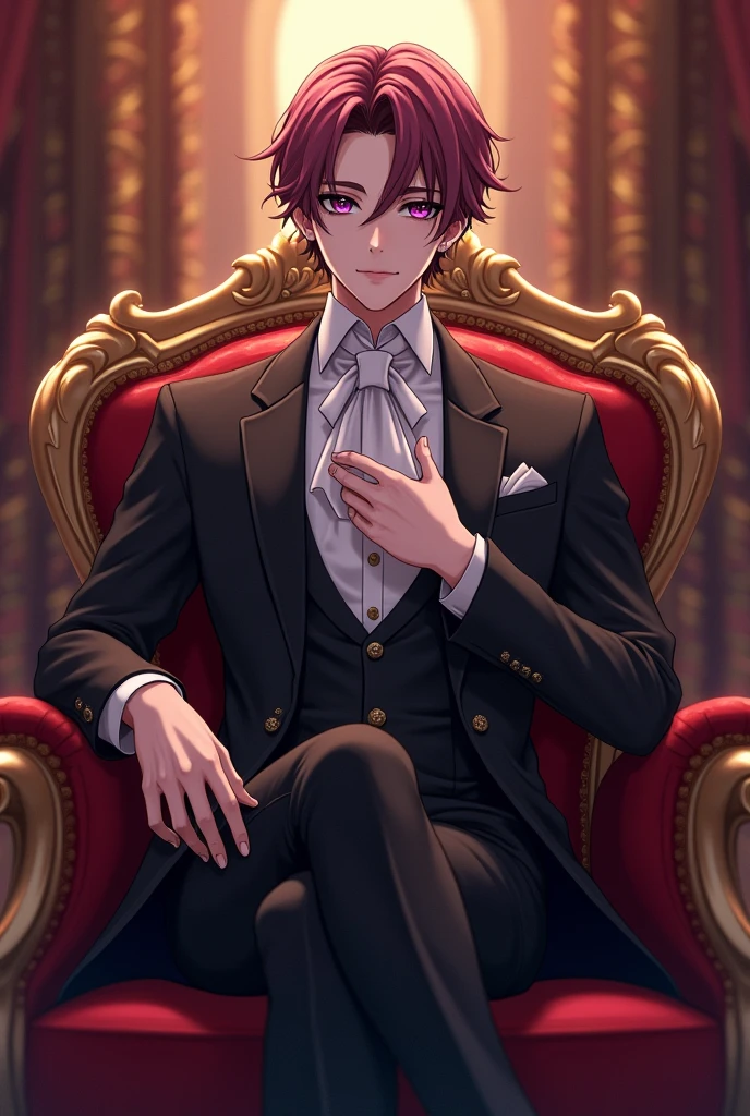 Bel homme. Cheveux violet rougêatre court. Yeux en amande couleur lila. Long cils. Sourcils noirs. Anime. Vêtements riche. Expression neutre. Cravate. Assis jambes croisés dans un palais royal.