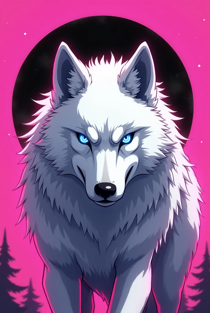 "I want a profile picture for my women's line. The image must have a wolf with an intimidating appearance, with bright blue eyes. The background must be pink, to create a strong contrast and highlight the anime style wolf, a white wolf closer up with a black moon behind it, facing it, a fierce expression, just like that, I just want to make the moon more beautiful, add shine to the moon, leave it in a color that matches the colors of the background and the wolf, and add shine to the eyes too, white wolf