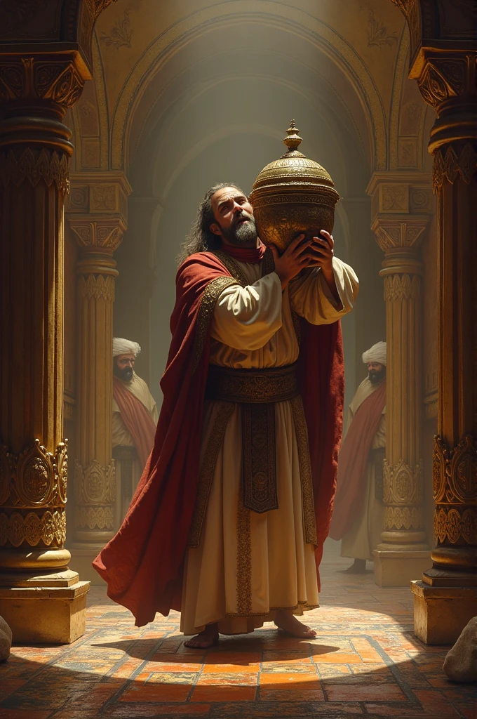In the tabernacle of Moses a priest moves a heavy object 