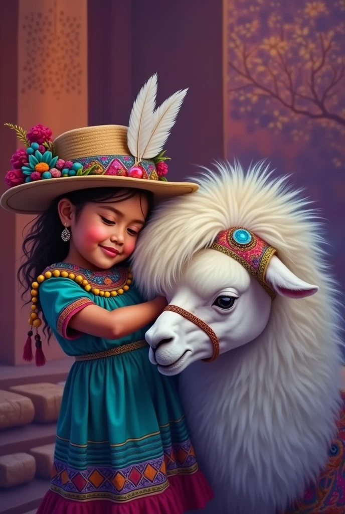 painting of a young girl in a colorful dress and hat holding a llama, quechua!!, by Victor Adame Minguez, by Bernard Accama, peruvian looking, inca style, quechua!, inca, peruvian, ivan bolivian, oil on canvas painting, llama angel of sunrise, daniel lezama painting style, llama, lama